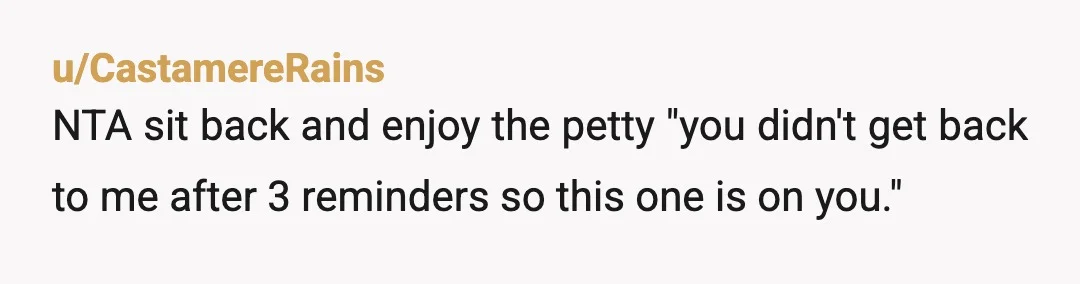 u/CastamereRains
NTA sit back and enjoy the petty "you didn't get back to me after 3 reminders so this one is on you."