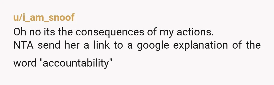 u/i_am_snoof Oh no its the consequences of my actions. NTA send her a link to a google explanation of the word "accountability"