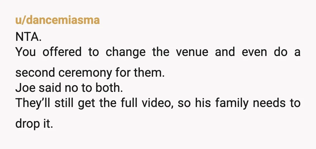 u/Low_Recognition_1557 Yeah, I think YTA. They want to feel like they’re celebrating in real time. I understand why you want them to watch the video instead, and of course you...