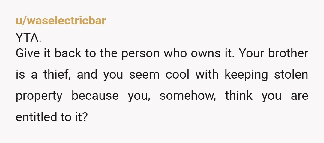 u/waselectricbar YTA. Give it back to the person who owns it. Your brother is a thief, and you seem cool with keeping stolen property because you, somehow, think you are...