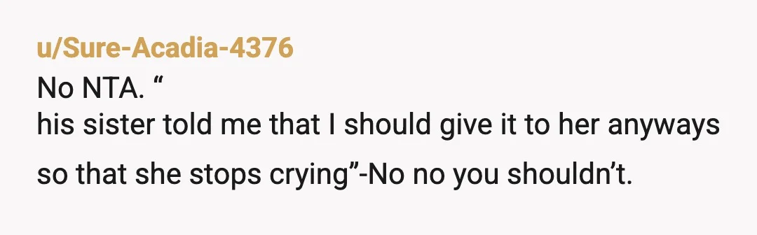 u/Sure-Acadia-4376
No NTA. “
 his sister told me that I should give it to her anyways so that she stops crying”-No no you shouldn’t. 