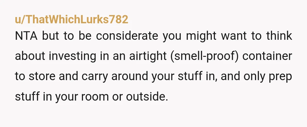 u/EasternAd9212 YTA. Saying as a stoner - anything that handles flower really does reek, including prep. The grinder smells, the bag itself smells, you smell. Even when I’m actively smoking...