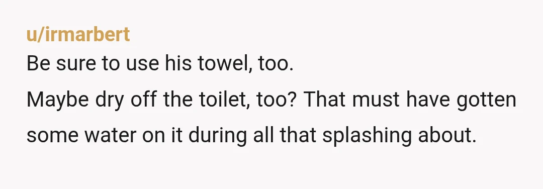 u/Vegetable_Road8143 "Sis. If you're not going to talk to him about te water on the floor and around the sink, I'll be using YOUR towel to wipe it all up."...