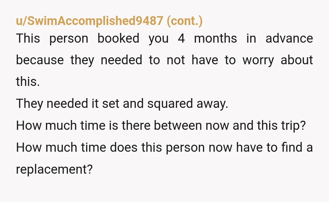 u/SnooRadishes5918
YTA for not thinking it’s your responsibility (it sounds like it’s your job and not a favor?).
NTA for taking the trip.
Have fun.