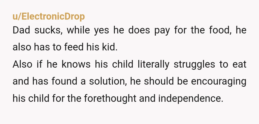 u/RammsteinFunstein NTA This is coming from a dad of 2 kids. Your dad sucks. It’s literally his legal obligation to feed you. He can’t use “I bought it” as an...