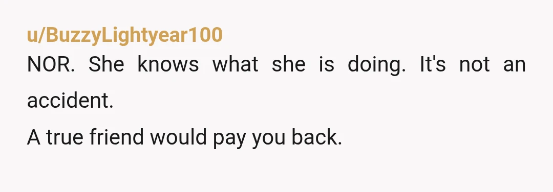 u/BuzzyLightyear100
NOR. She knows what she is doing. It's not an accident.
A true friend would pay you back.