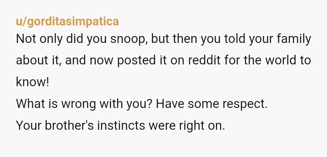 u/No-Routine-9963 I get the snooping, up to a point, but he’s doing okay so you should have let it go. He’s not breaking the law, he’s not working for the...