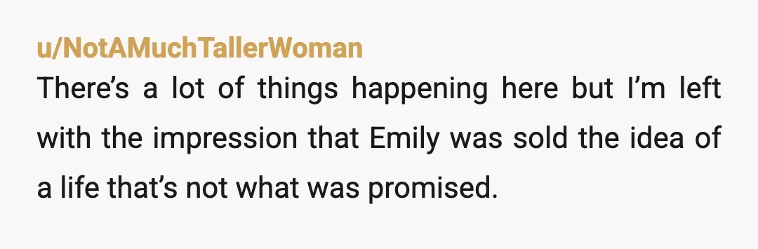u/NotAMuchTallerWoman There’s a lot of things happening here but I’m left with the impression that Emily was sold the idea of a life that’s not what was promised. Of course...