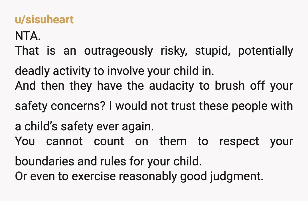 u/sisuheart NTA. That is an outrageously risky, stupid, potentially deadly activity to involve your child in. And then they have the audacity to brush off your safety concerns? I would...