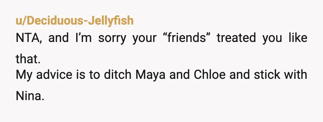 u/Deciduous-Jellyfish
NTA, and I’m sorry your “friends” treated you like that.
My advice is to ditch Maya and Chloe and stick with Nina.