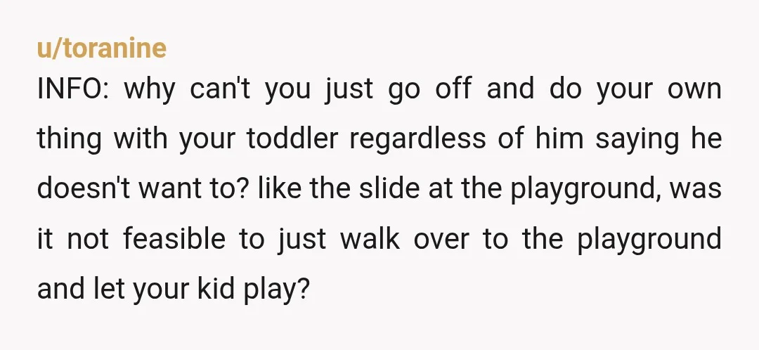 u/toranine INFO: why can't you just go off and do your own thing with your toddler regardless of him saying he doesn't want to? like the slide at the playground,...