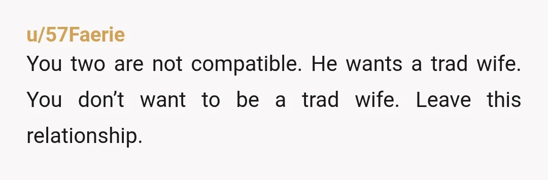u/57Faerie
You two are not compatible. He wants a trad wife. You don’t want to be a trad wife. Leave this relationship.