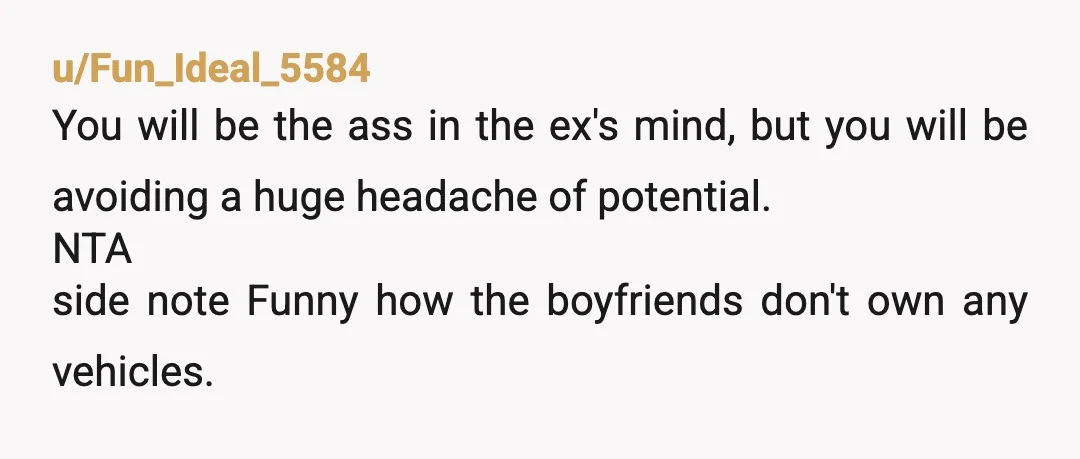 u/Fun_Ideal_5584 You will be the ass in the ex's mind, but you will be avoiding a huge headache of potential. NTA side note Funny how the boyfriends don't own any...