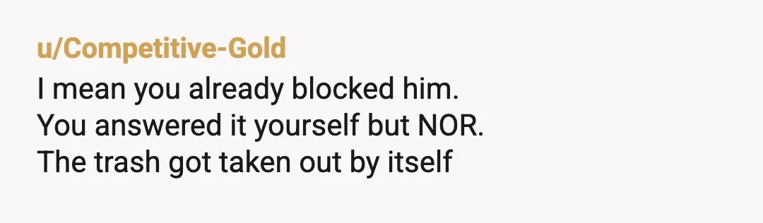 u/Competitive-Gold
I mean you already blocked him.
You answered it yourself but NOR.
The trash got taken out by itself