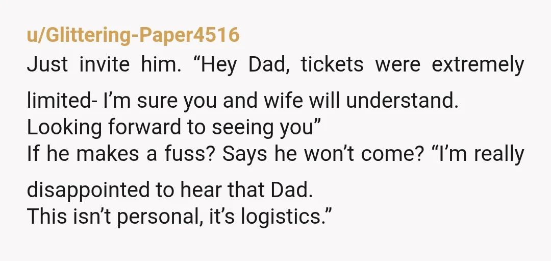 u/Glittering-Paper4516 Just invite him. “Hey Dad, tickets were extremely limited- I’m sure you and wife will understand. Looking forward to seeing you”  If he makes a fuss? Says he won’t...
