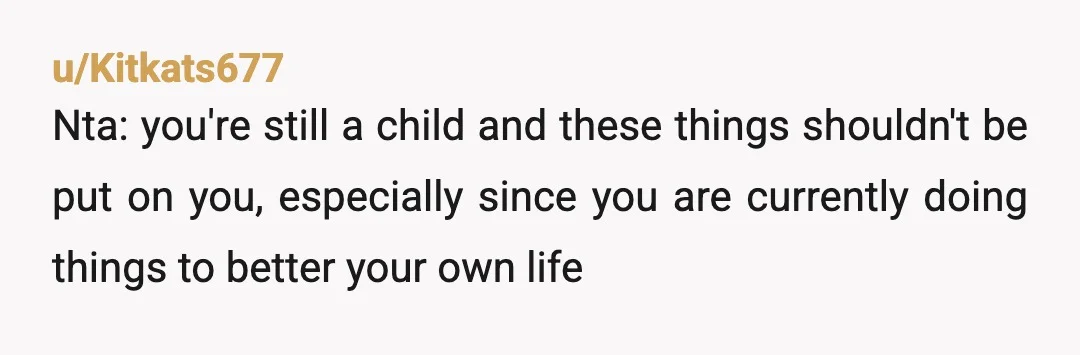 u/Kitkats677
Nta: you're still a child and these things shouldn't be put on you, especially since you are currently doing things to better your own life