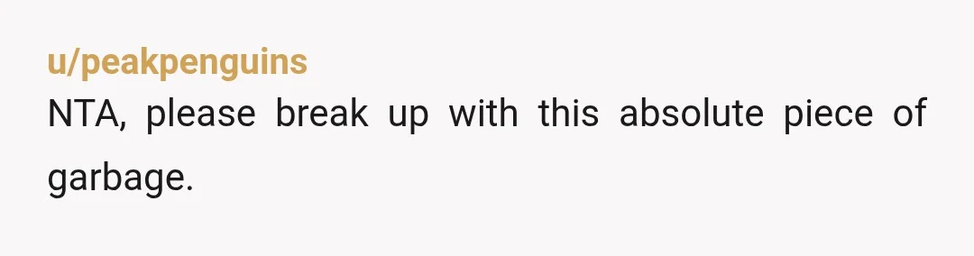 u/peakpenguins
NTA, please break up with this absolute piece of garbage.