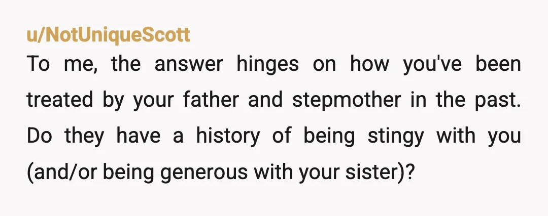 u/NotUniqueScott To me, the answer hinges on how you've been treated by your father and stepmother in the past. Do they have a history of being stingy with you (and/or...