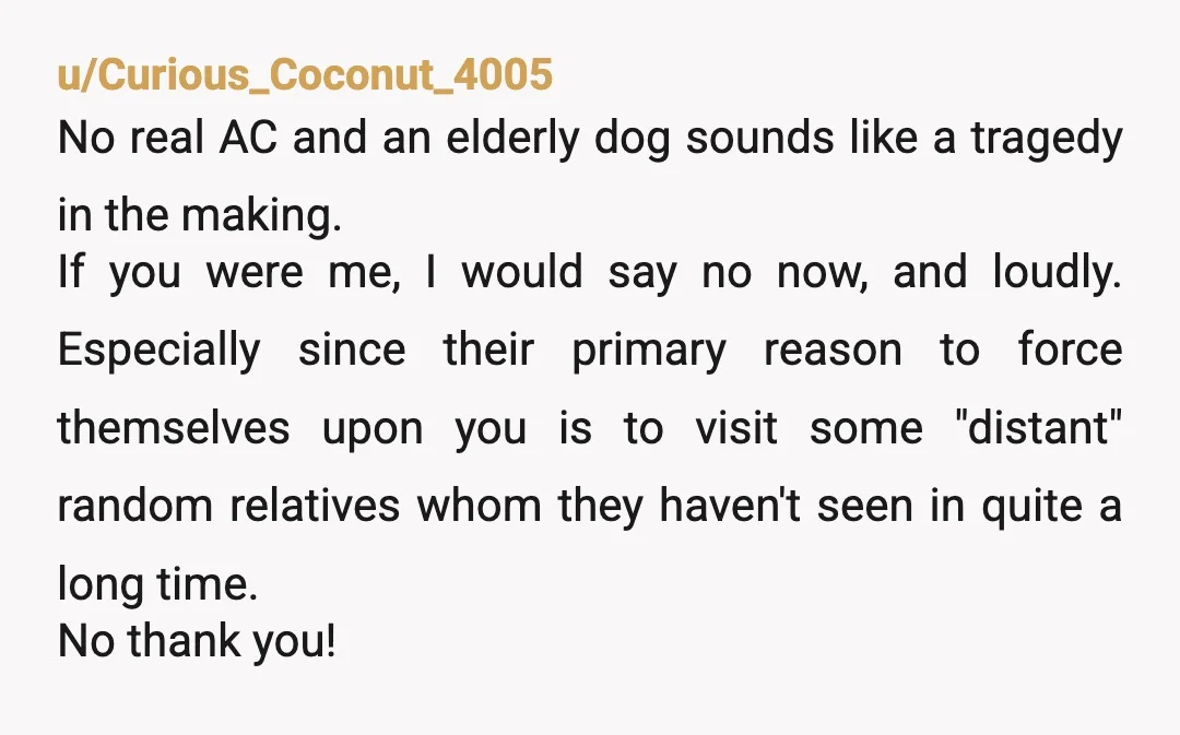u/Curious_Coconut_4005 No real AC and an elderly dog sounds like a tragedy in the making. If you were me, I would say no now, and loudly. Especially since their primary...