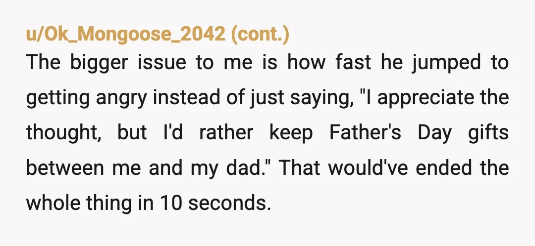 u/TattooedWenchkin It's nice that you think of his Dad in such a way that you'd want to do something for him for Father's Day, unfortunately your boyfriend is an AH....