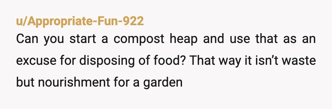 u/Appropriate-Fun-922
Can you start a compost heap and use that as an excuse for disposing of food? That way it isn’t waste but nourishment for a garden