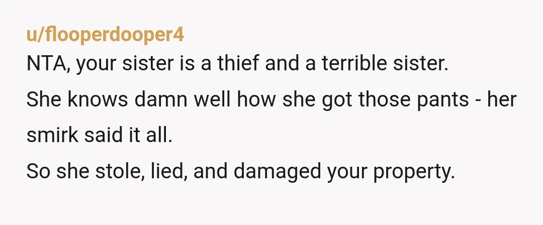 u/yhaensch
NTA
If it wasn't a big deal she can buy you new ones.
She is a greedy, lying, and thieving AH