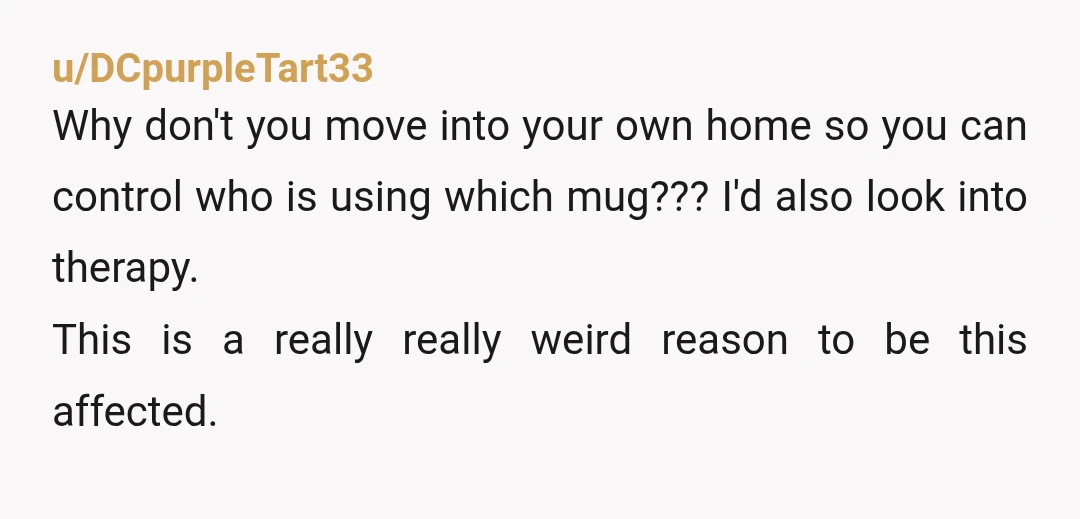 u/Organic-Accountant74 Gentle YTA OP it sounds like you might have undiagnosed autism - I’m also very picky with my mugs, but all you can do is keep them in your...