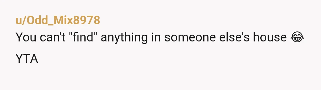u/Odd_Mix8978
You can't "find" anything in someone else's house 😂
YTA