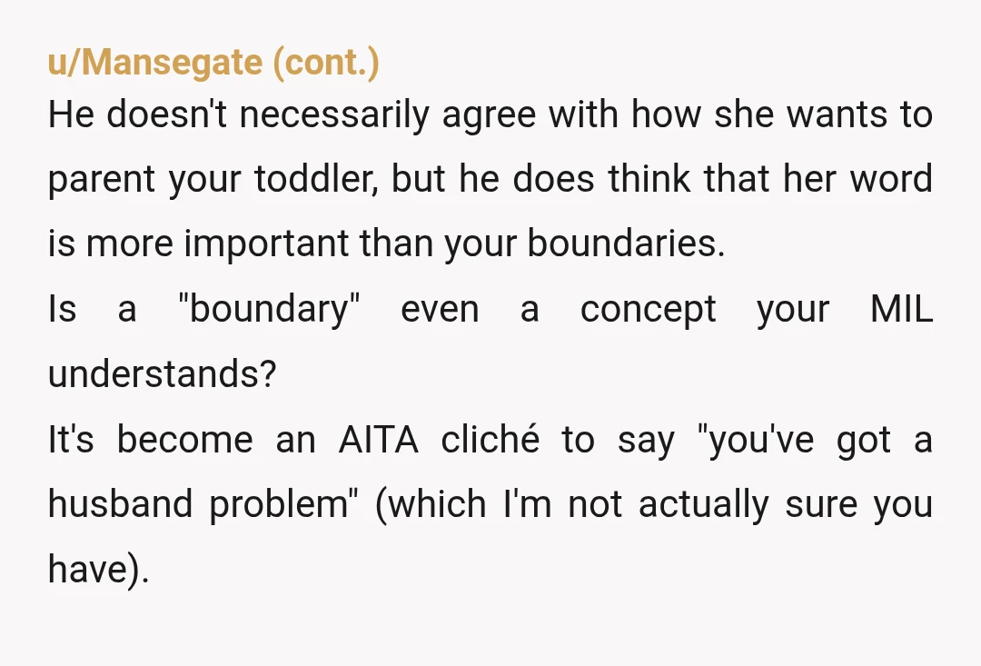 u/bitter_liquor
INFO: has your husband addressed this with your MIL? How does he support you when he sees you struggling to meet her expectations?