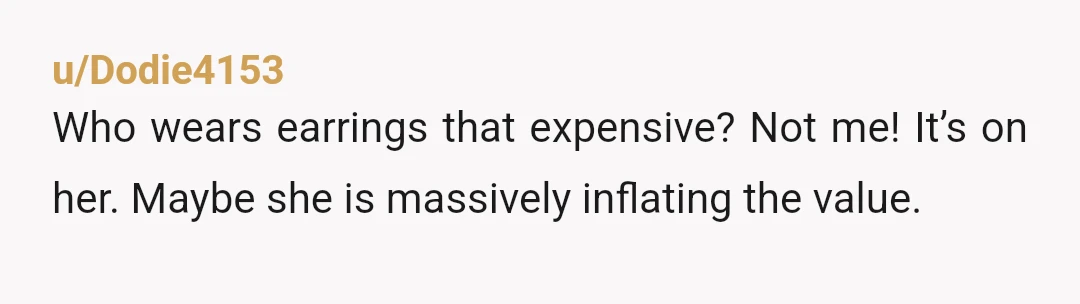 u/Dodie4153
Who wears earrings that expensive? Not me! It’s on her. Maybe she is massively inflating the value.