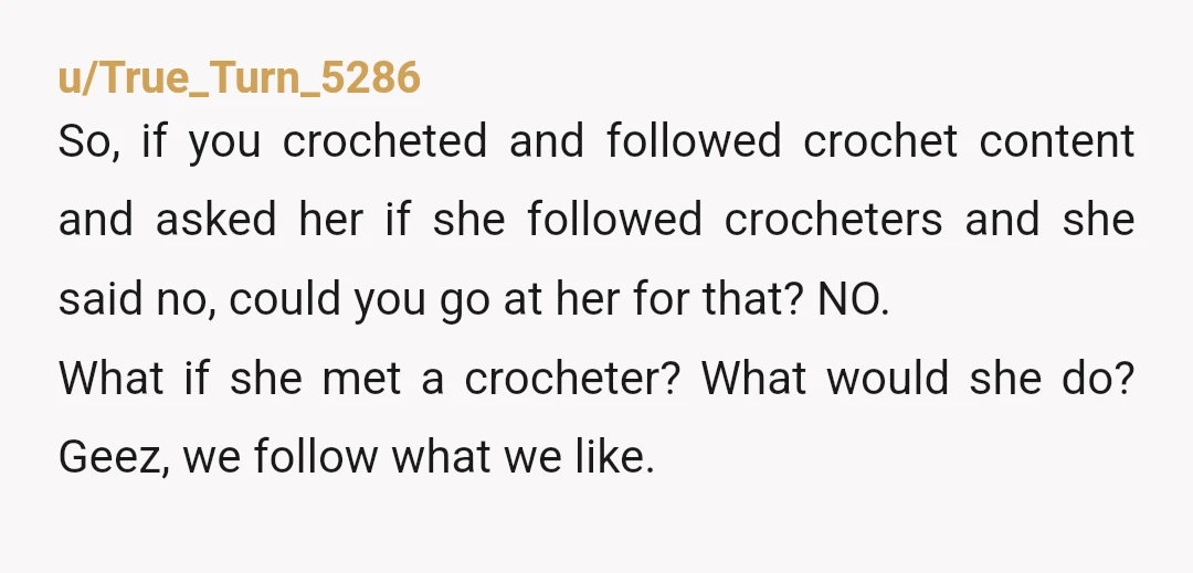 u/True_Turn_5286 So, if you crocheted and followed crochet content and asked her if she followed crocheters and she said no, could you go at her for that? NO. What if...