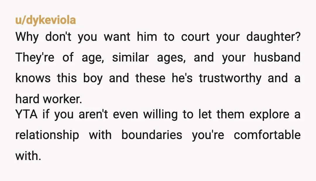u/dykeviola Why don't you want him to court your daughter? They're of age, similar ages, and your husband knows this boy and these he's trustworthy and a hard worker. YTA...