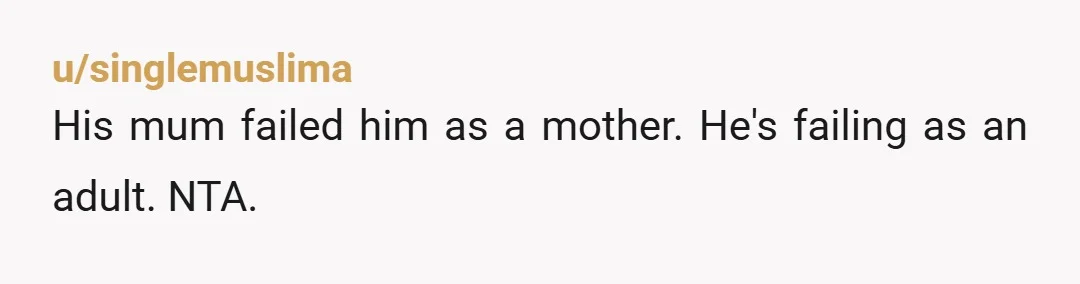 u/singlemuslima
His mum failed him as a mother. He's failing as an adult. NTA.