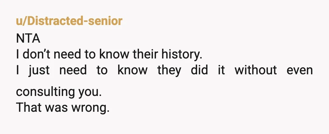 u/Distracted-senior
NTA
I don’t need to know their history.
I just need to know they did it without even consulting you.
That was wrong.