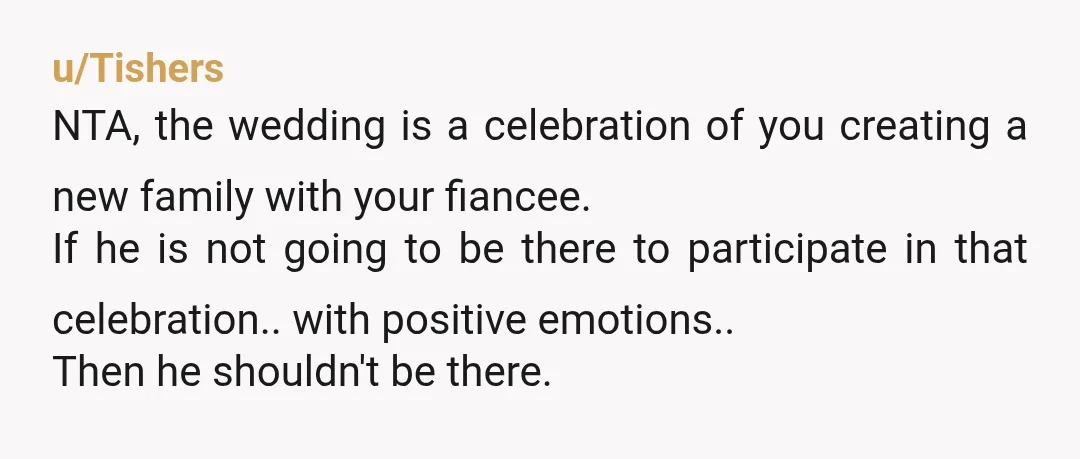 u/Tishers NTA, the wedding is a celebration of you creating a new family with your fiancee. If he is not going to be there to participate in that celebration.. with...