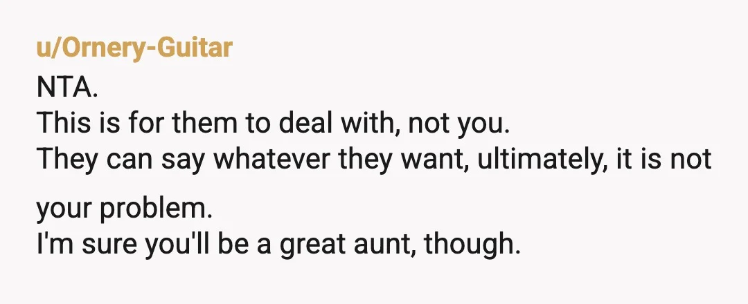 u/Ornery-Guitar NTA. This is for them to deal with, not you. They can say whatever they want, ultimately, it is not your problem. I'm sure you'll be a great aunt,...