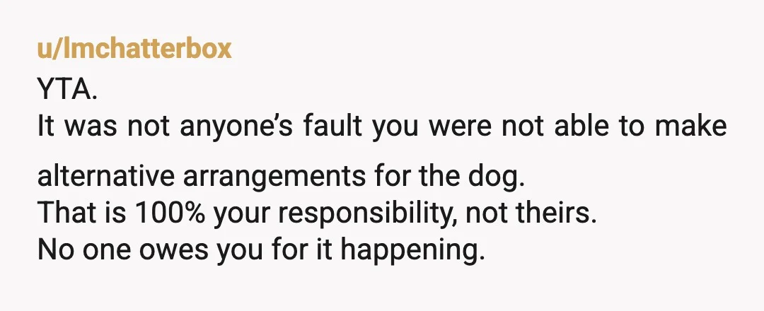 u/lmchatterbox YTA. It was not anyone’s fault you were not able to make alternative arrangements for the dog. That is 100% your responsibility, not theirs. No one owes you for...