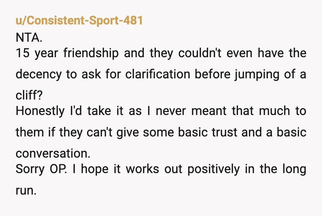 u/Consistent-Sport-481 NTA. 15 year friendship and they couldn't even have the decency to ask for clarification before jumping of a cliff? Honestly I'd take it as I never meant that...