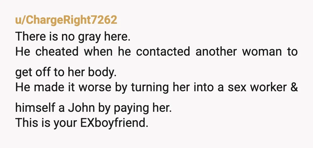 u/ChargeRight7262 There is no gray here. He cheated when he contacted another woman to get off to her body. He made it worse by turning her into a sex worker...