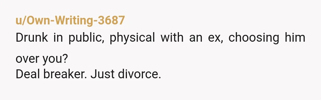 u/Own-Writing-3687
Drunk in public, physical with an ex, choosing him over you?
Deal breaker. Just divorce.