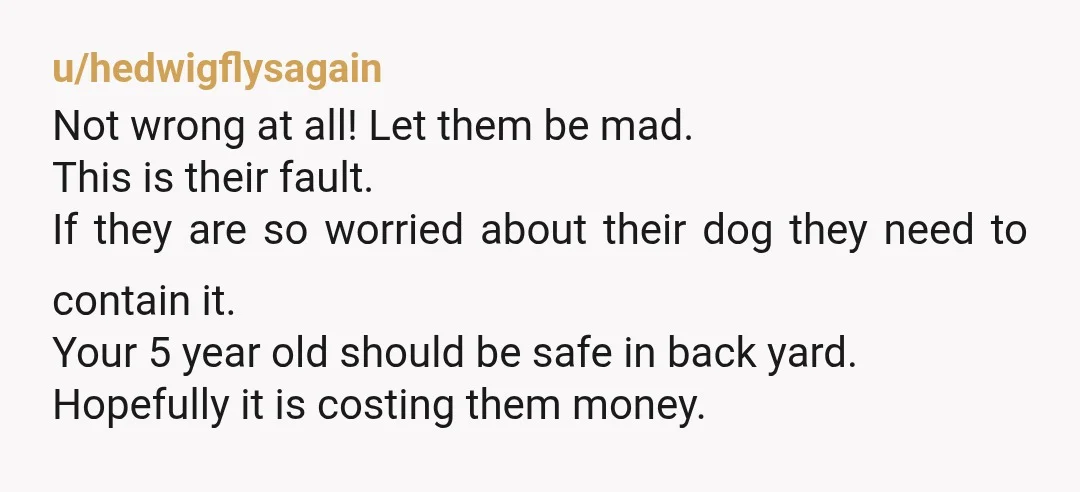 u/hedwigflysagain Not wrong at all! Let them be mad. This is their fault. If they are so worried about their dog they need to contain it. Your 5 year old...
