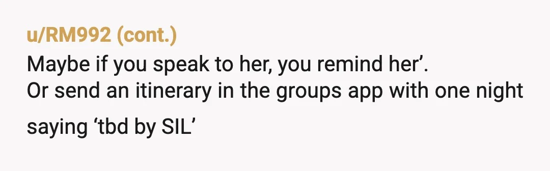 u/compassionfever Send a message to the group, detailing the other excursions and dinner plans. Start the message with, "I'm still waiting on SIL to let me know what her plan...