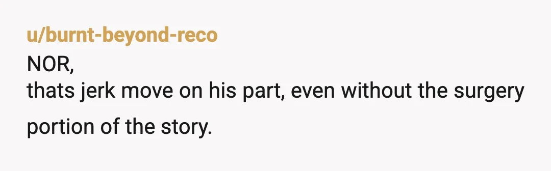 u/burnt-beyond-reco
NOR,
thats jerk move on his part, even without the surgery portion of the story.