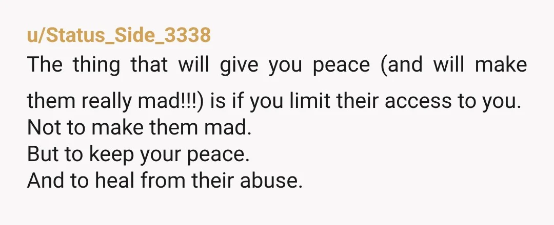 u/Status_Side_3338 The thing that will give you peace (and will make them really mad!!!) is if you limit their access to you. Not to make them mad. But to keep...
