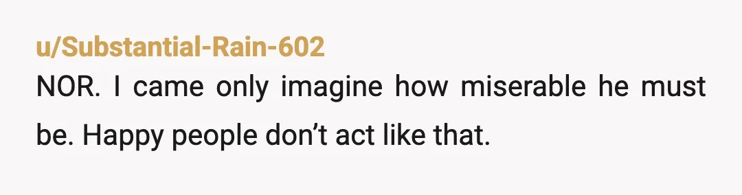 u/Substantial-Rain-602
NOR. I came only imagine how miserable he must be. Happy people don’t act like that.