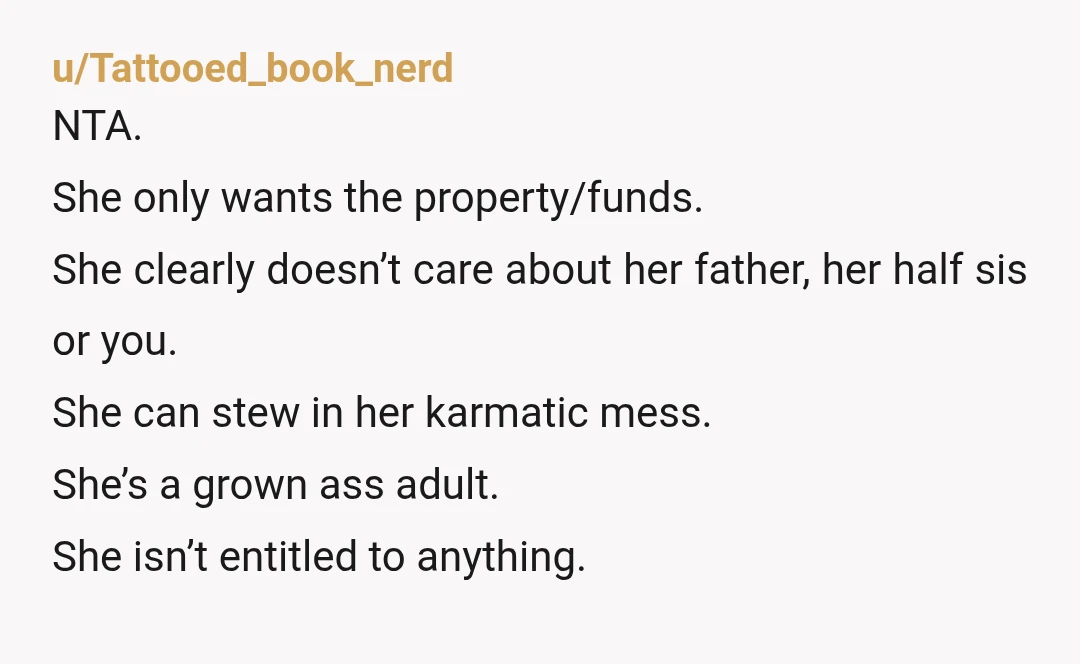 u/Prestigious-Bug-1349
NTA but it does seem like she could use a mental health check.
Not up to you, but probably worth nudging your husband about.