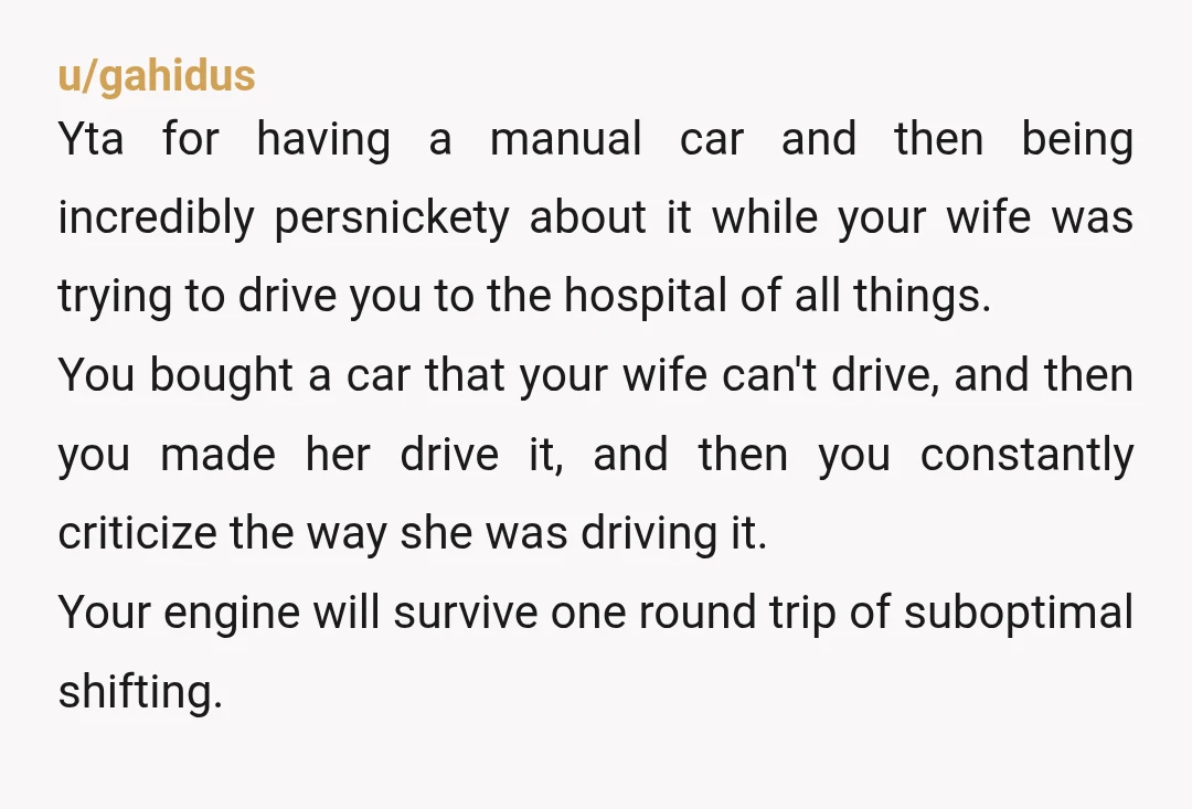 u/Crazyandiloveit YTA If she drives, she drives like SHE decides to. If you don't like simply don't let her drive your car. You could have cashed out for an ambulance...