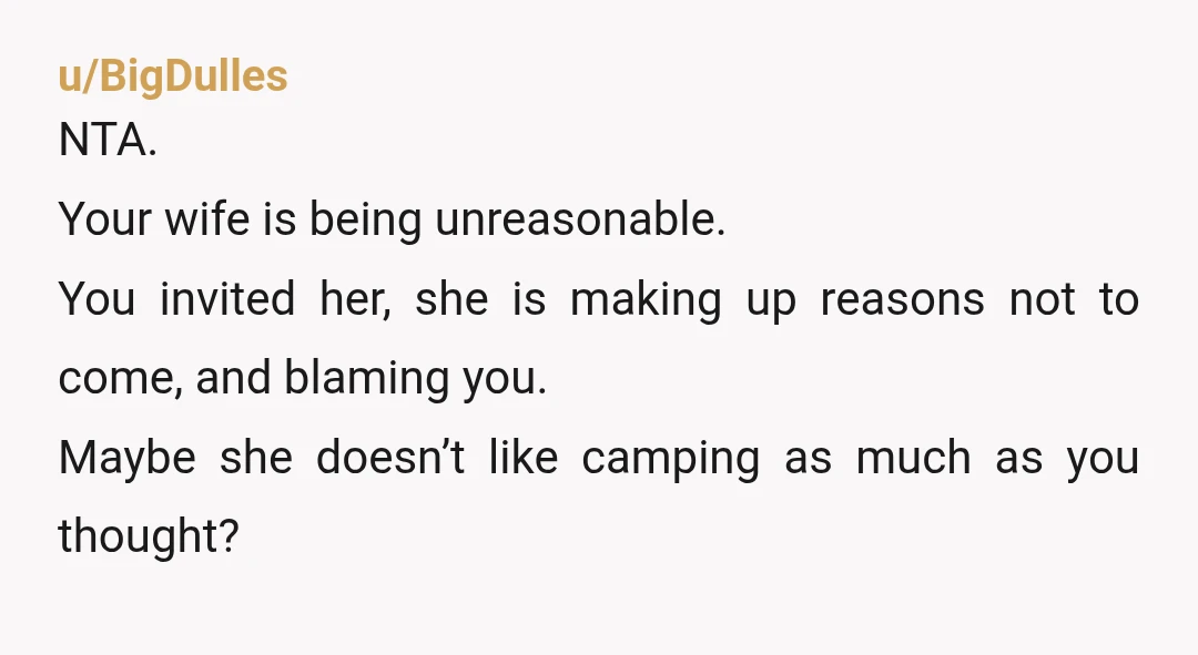 u/DizzyProgress6384 I’m guessing she’s upset because you had already talked and started planning a camping trip with her and the kids. So, now this trip is taking precedent and you...