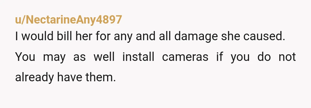 u/NectarineAny4897
I would bill her for any and all damage she caused.
You may as well install cameras if you do not already have them.