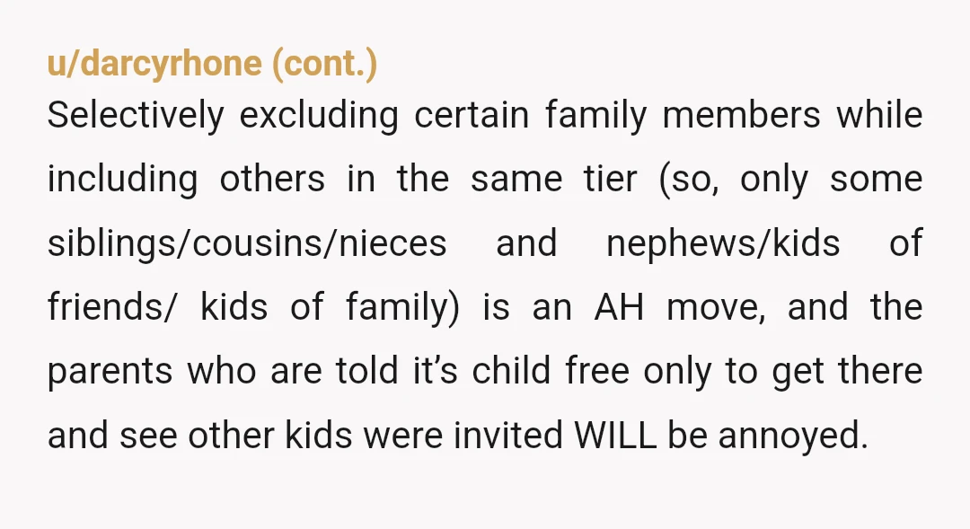 u/Front-Text3225
Dude, just say no kids and leave it at that. People understand that and there is nothing drama. You guys are playing favorites by inviting select kids.